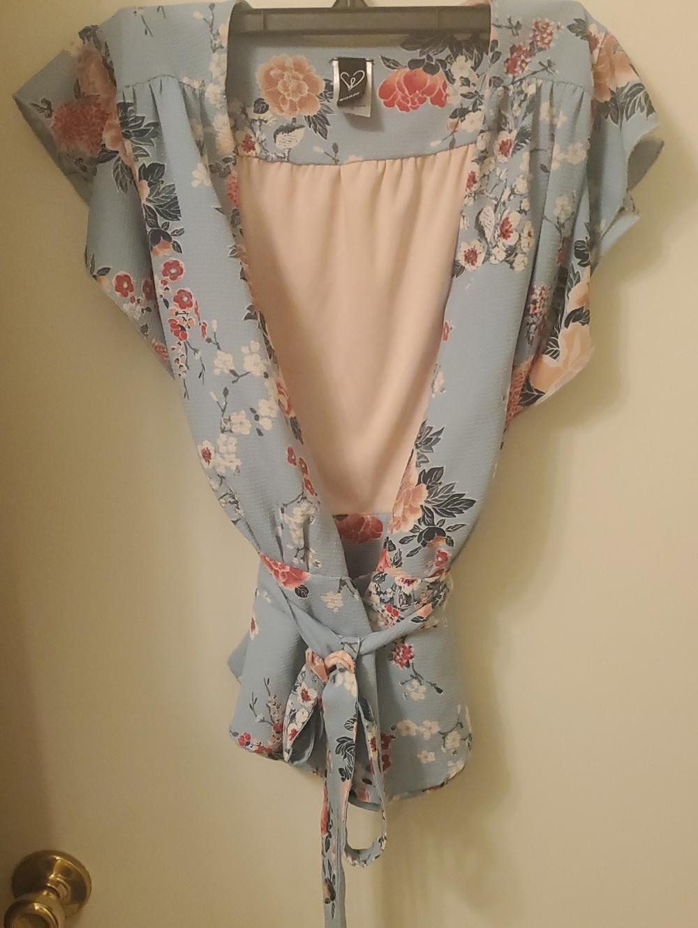 Windsor Women's Floral Tie-Front Deep V Blouse in Light Blue and Pink